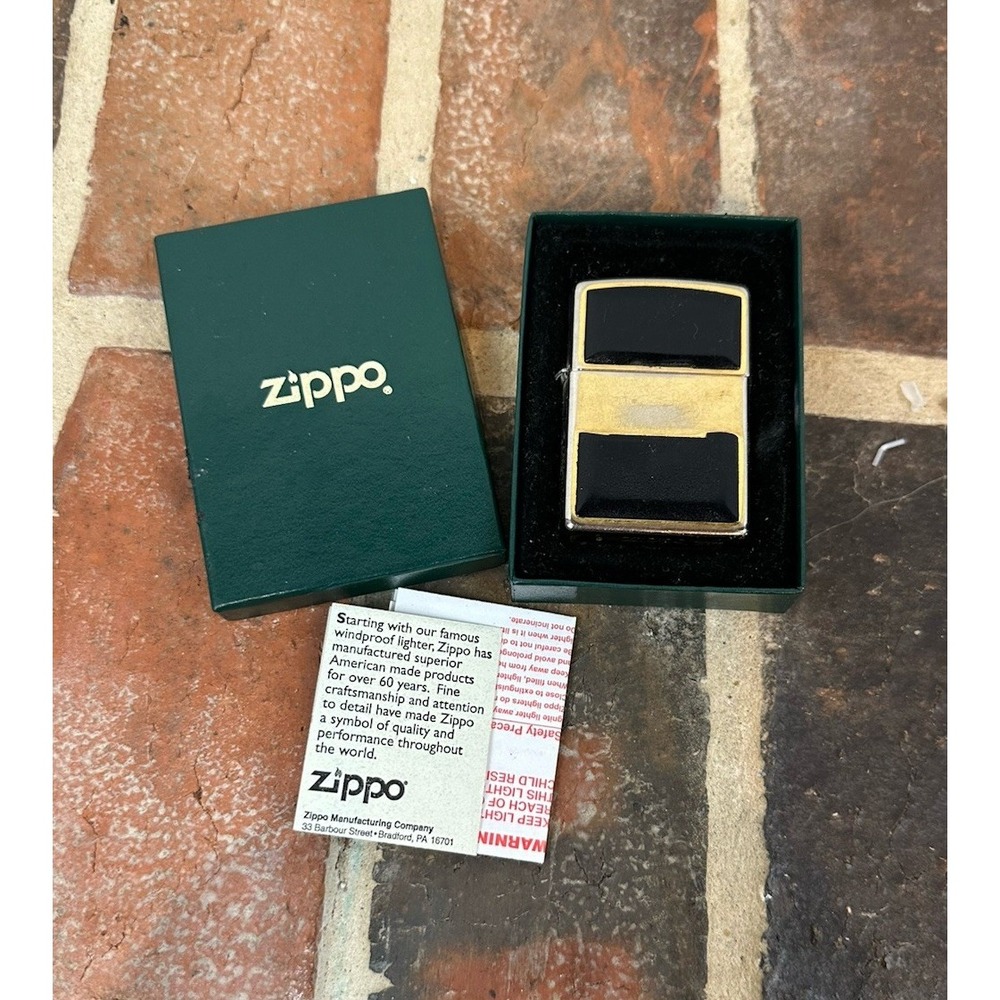 Vintage 1990s Zippo Lighter Goldtone & Black Leather Wind Proof Original Box